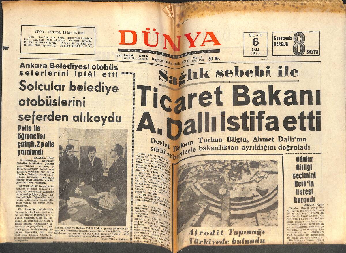 Dünya Gazetesi 6 Ocak 1970 - İstanbul'da Grip Salgını Yokmuş - Ticaret Bakanı A.Dallı İstifa Etti GZ143413 - 1