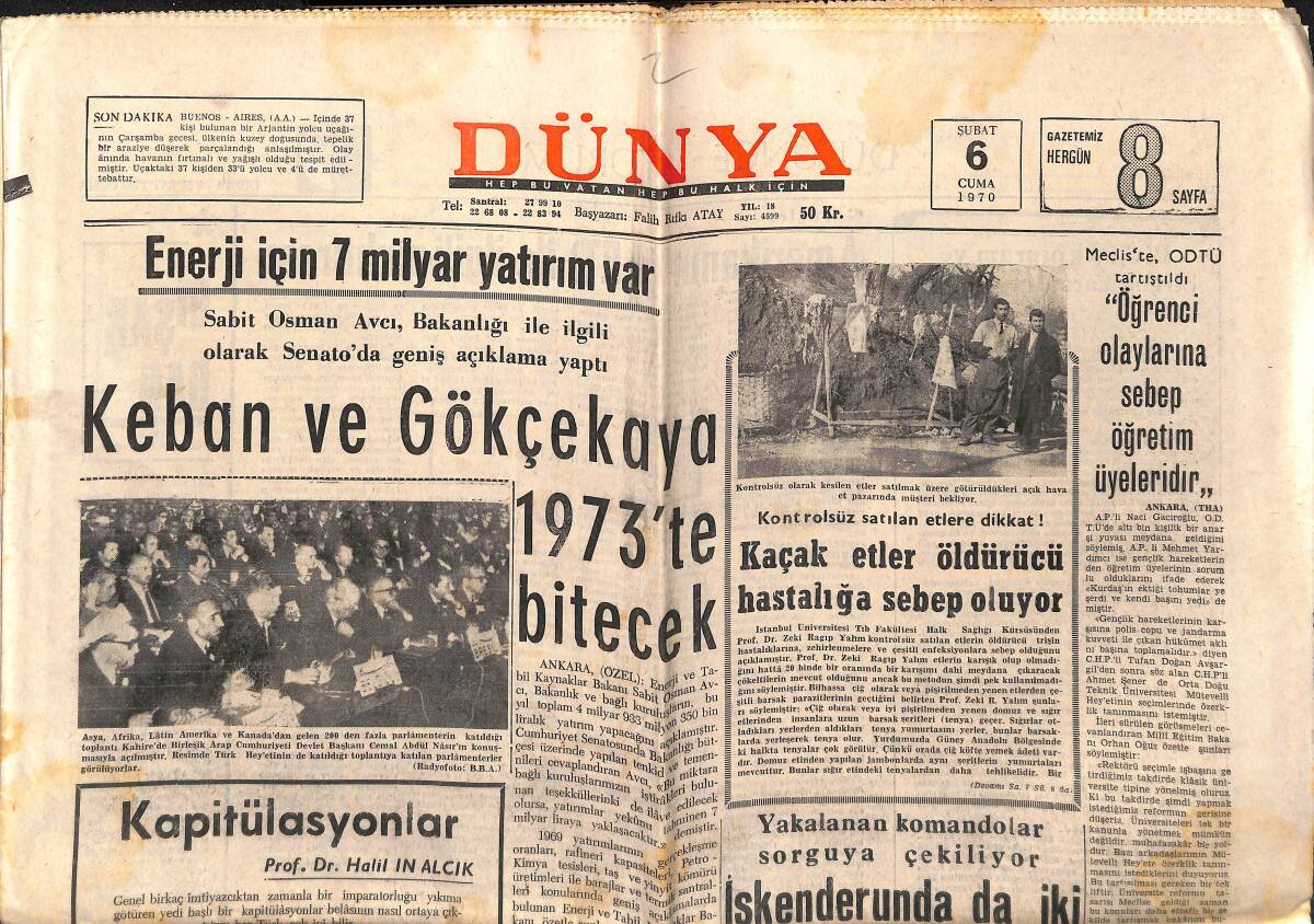 Dünya Gazetesi 6 Şubat 1970 - Keban Ve Gökçekaya 1973'te Bitecek - Abraham Lincoln'ün Akrabaları GZ150928 - 1