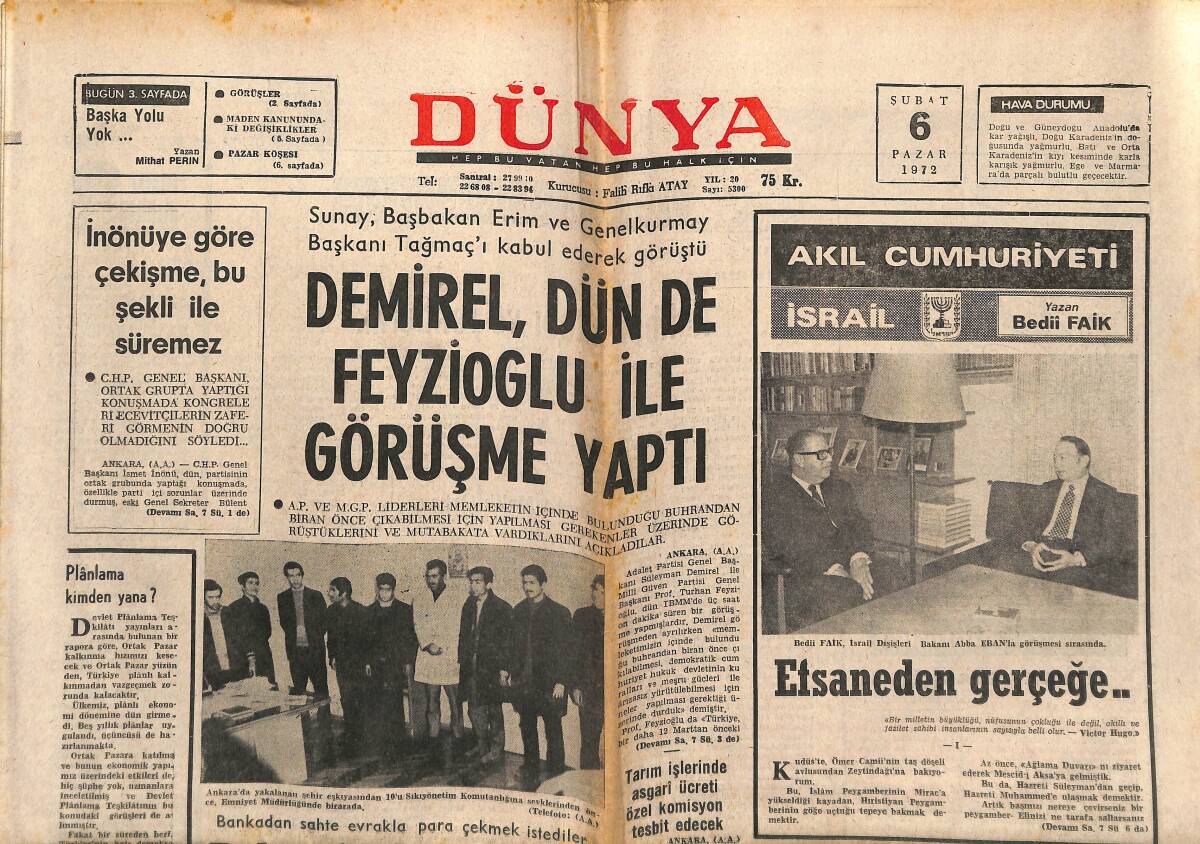 Dünya Gazetesi 6 Şubat 1972 - Futbol Cambazlarına Fenerbahçe Dün Gösteri Yaptı GZ152178 - 1