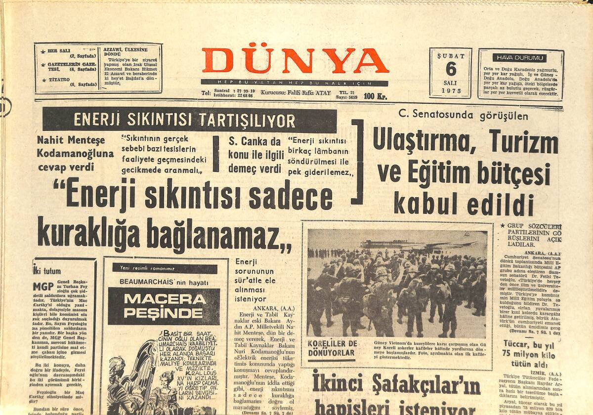 Dünya Gazetesi 6 Şubat 1973 - Grivasçıların Faaliyeti Türk Toplumunda Endişe Yarattı - Ring Dergisi Clay'i 1. Sınıf Boksör Gösterdi GZ143255 - 1