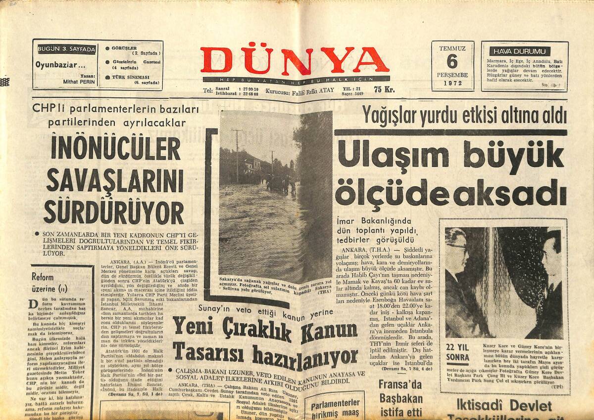 Dünya Gazetesi 6 Temmuz 1972 - İnönücüler Savaşlarını Sürdürüyor - Türkan Şoray Elazığ'da Çekilen Cemo'nun Bir Sahnesinde GZ147973 - 1