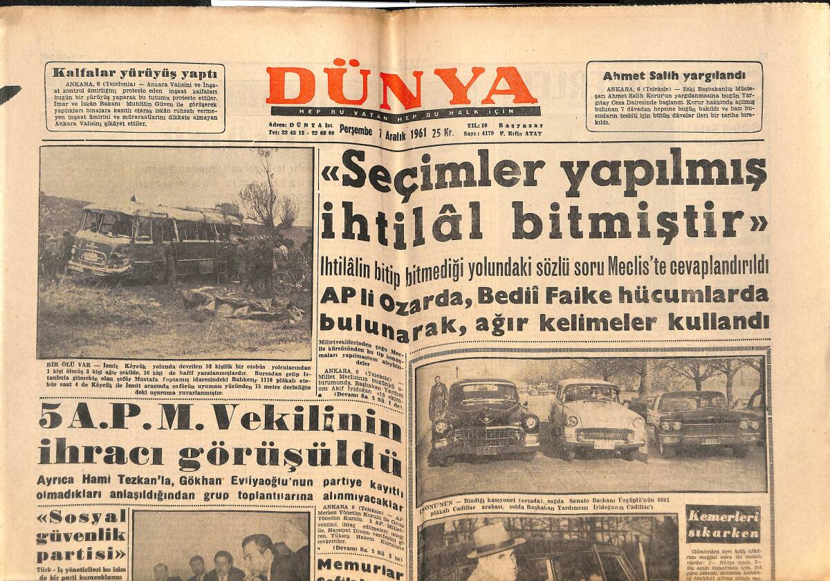 Dünya Gazetesi 7 Aralık 1961 - CHP'li Gençler Grubu Gizli Toplantılar Yapıyor - 5 A.P.M. Vekilinin İhracı Görüşüldü GZ152465 - 1
