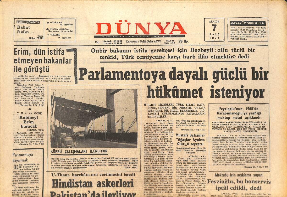 Dünya Gazetesi 7 Aralık 1971 - Hindistan Askerleri Pakistan'da İlerliyor - Rus Casuslarını Hedefi Ortak Pazar GZ142777 - 1