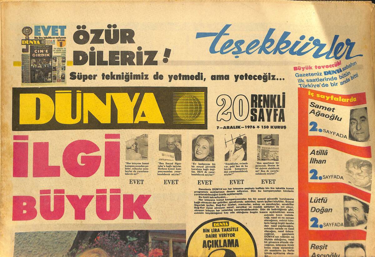 Dünya Gazetesi 7 Aralık 1976 - Ünlü Ses Yıldızı Zeki Müren: Çiçeklerim Bana İlham Veriyor - Filiz Akın Ankara'da Sahneye Çıkıyor - Müjde Ar GZ147811 - 1