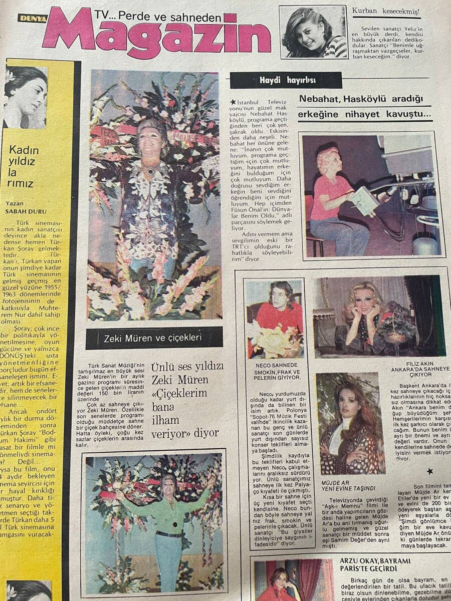 Dünya Gazetesi 7 Aralık 1976 - Ünlü Ses Yıldızı Zeki Müren: Çiçeklerim Bana İlham Veriyor - Filiz Akın Ankara'da Sahneye Çıkıyor - Müjde Ar GZ147811 - 2