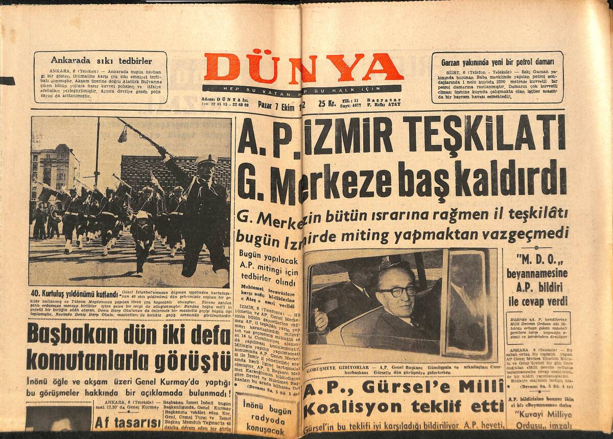 Dünya Gazetesi 7 Ekim 1962 - İran'da Yeni Bir Deprem Oldu - A.P. İzmir Teşkilatı G. Merkeze Baş Kaldırdı GZ150529 - 1