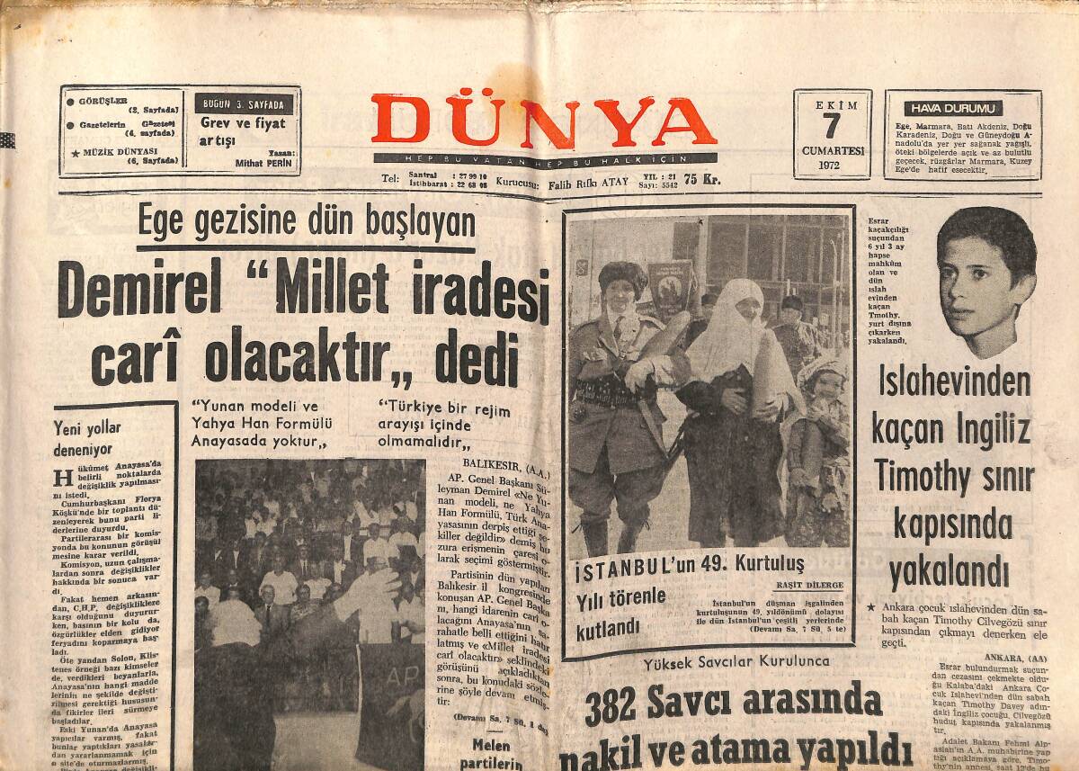 Dünya Gazetesi 7 Ekim 1972 - Ziya Yılmaz'ın İdam Cezasına Dair Raporu Onaylandı - Ava Gardner Hala Güzel Bir Kadın GZ149335 - 1