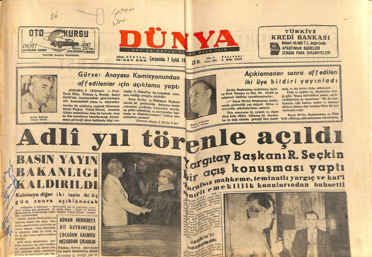 Dünya Gazetesi 7 Eylül 1960 - Adnan Menderes'e Ait Gayrimeşru Çocuğun Kalıntısı Mezardan Çıkarıldı GZ152190 - 1