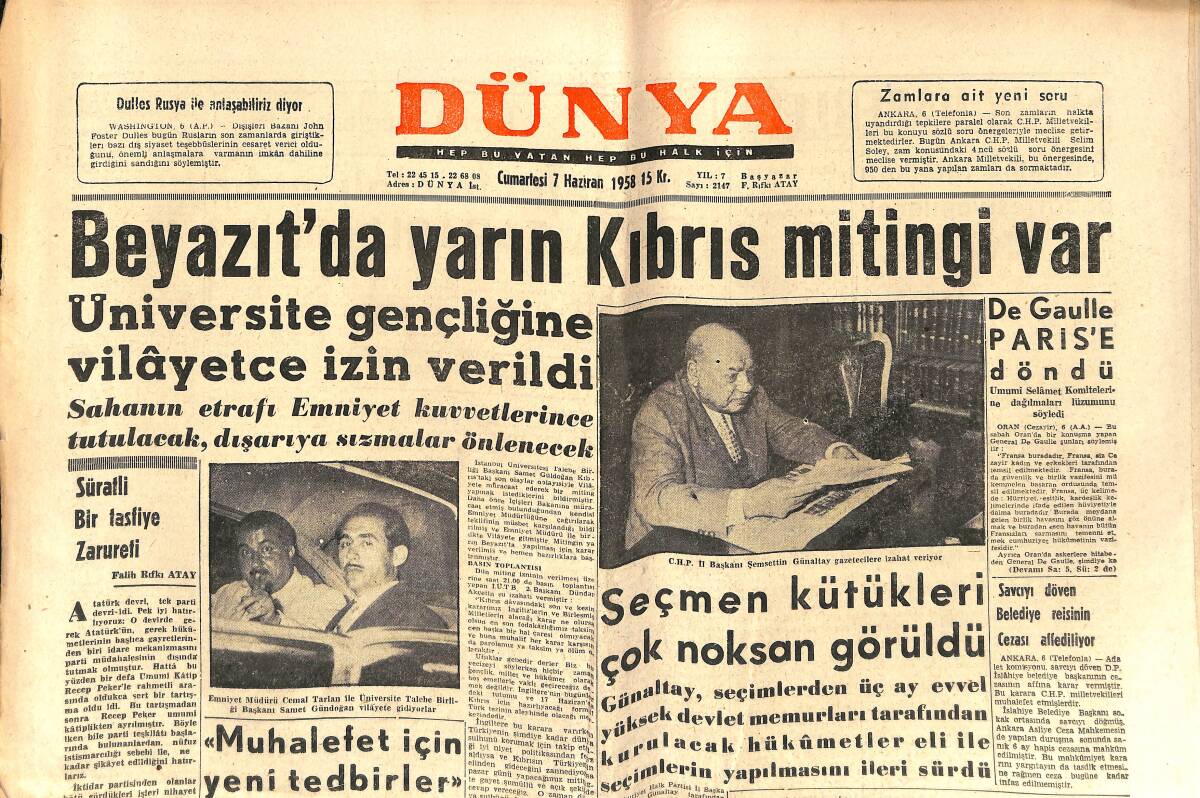 Dünya Gazetesi 7 Haziran 1958 - Metin Oktay Öğle Uykusunda - Bir İngiliz İstanbul'daki Mirasına Sahip Çıkamadı GZ150416 - 1