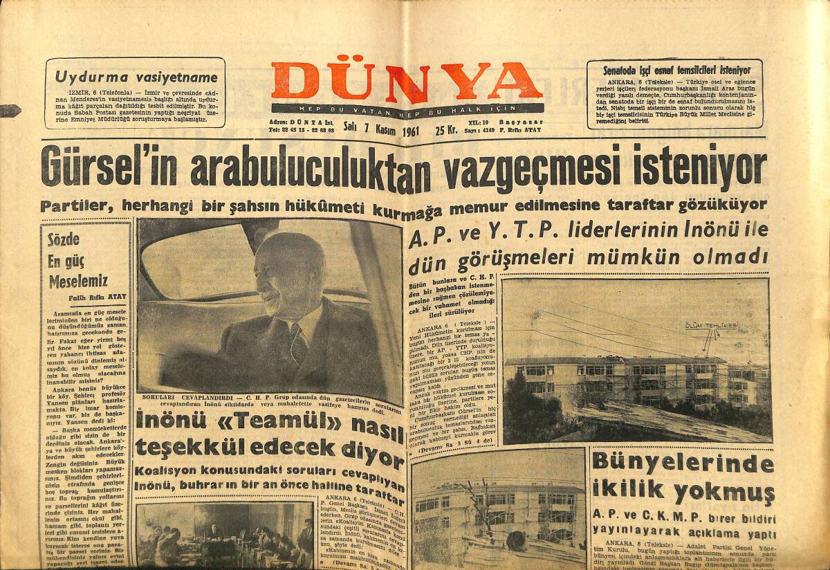 Dünya Gazetesi 7 Kasım 1961 - Gürsel'in Arabuluculuktan Vazgeçmesi İsteniyor GZ148119 - 1