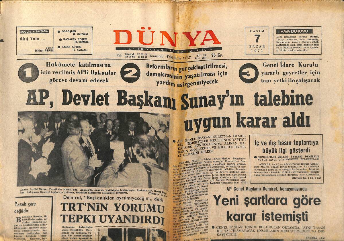 Dünya Gazetesi 7 Kasım 1971 - Atatürk Kültür Merkezi 1973'te Hizmete Girecek - Beşiktaş-Galatasaray GZ151014 - 1