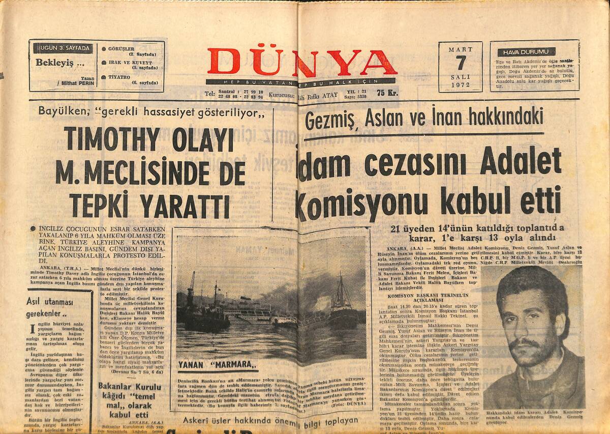 Dünya Gazetesi 7 Mart 1972 - Bergama'da Ecevitçiler Kazandı - Maltepe'den Kaçan Ziya Yılmaz'ın Duruşması Başladı GZ148285 - 1