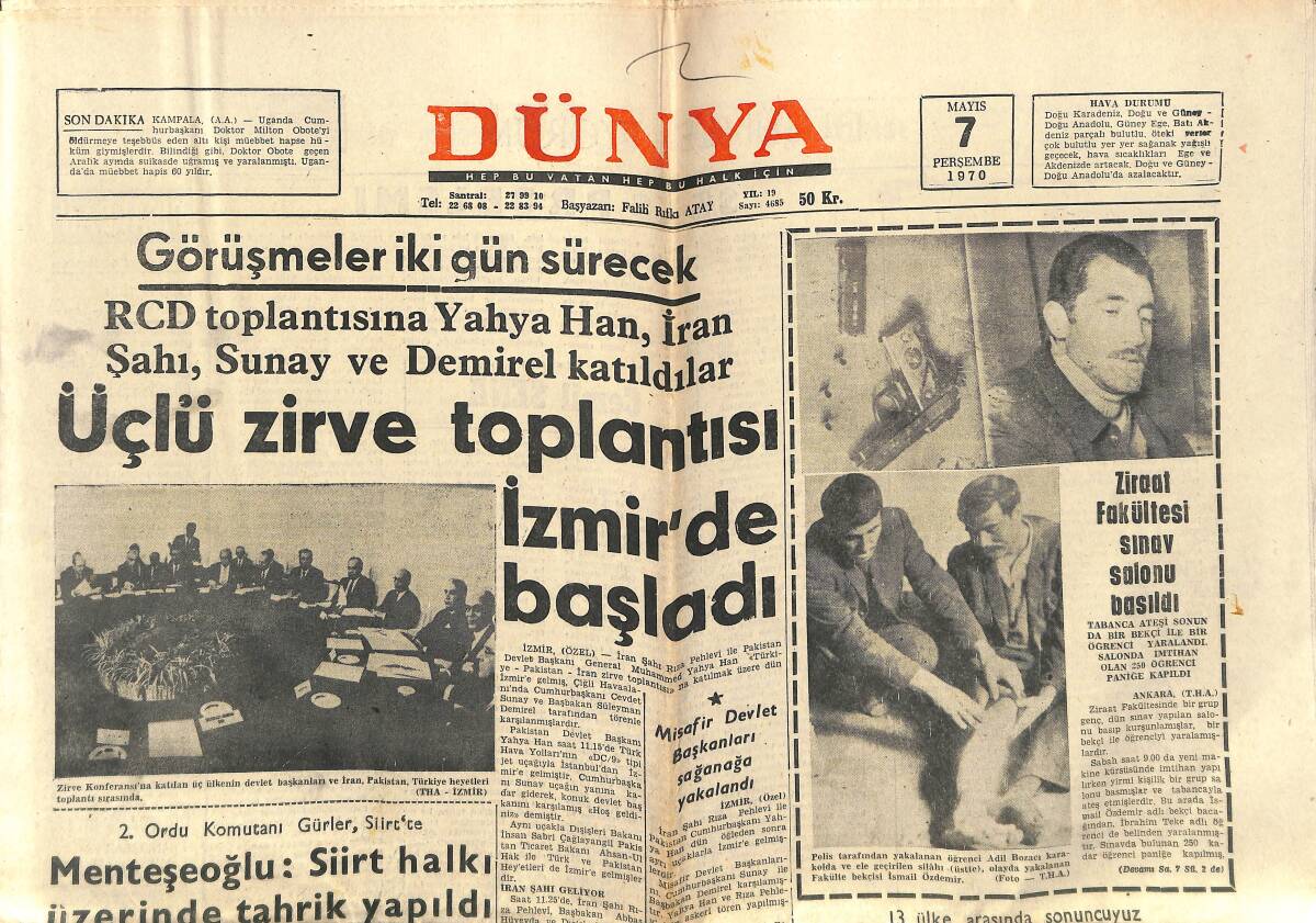 Dünya Gazetesi 7 Mayıs 1970 - Üçlü Zirve Toplantısı İzmir'de Başladı - Hülya Koçyiğit Yeni Bir Sürtük Yaratıyor GZ150843 - 1