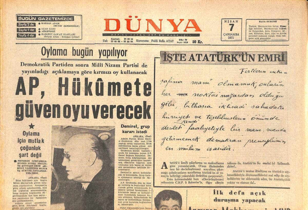 Dünya Gazetesi 7 Nisan 1971 - AP, Hükümete Güven Oyu Verecek - İşte Atatürk'ün Emri - Kamacı, Dünya Klasmanında Onuncu GZ143607 - 1