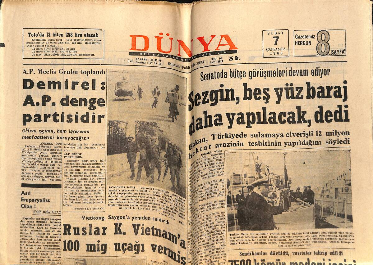 Dünya Gazetesi 7 Şubat 1968 - Ruslar K. Vietnam'a 100 mig Uçağı Vermiş - Galatasaray Kampa Giriyor GZ148819 - 1