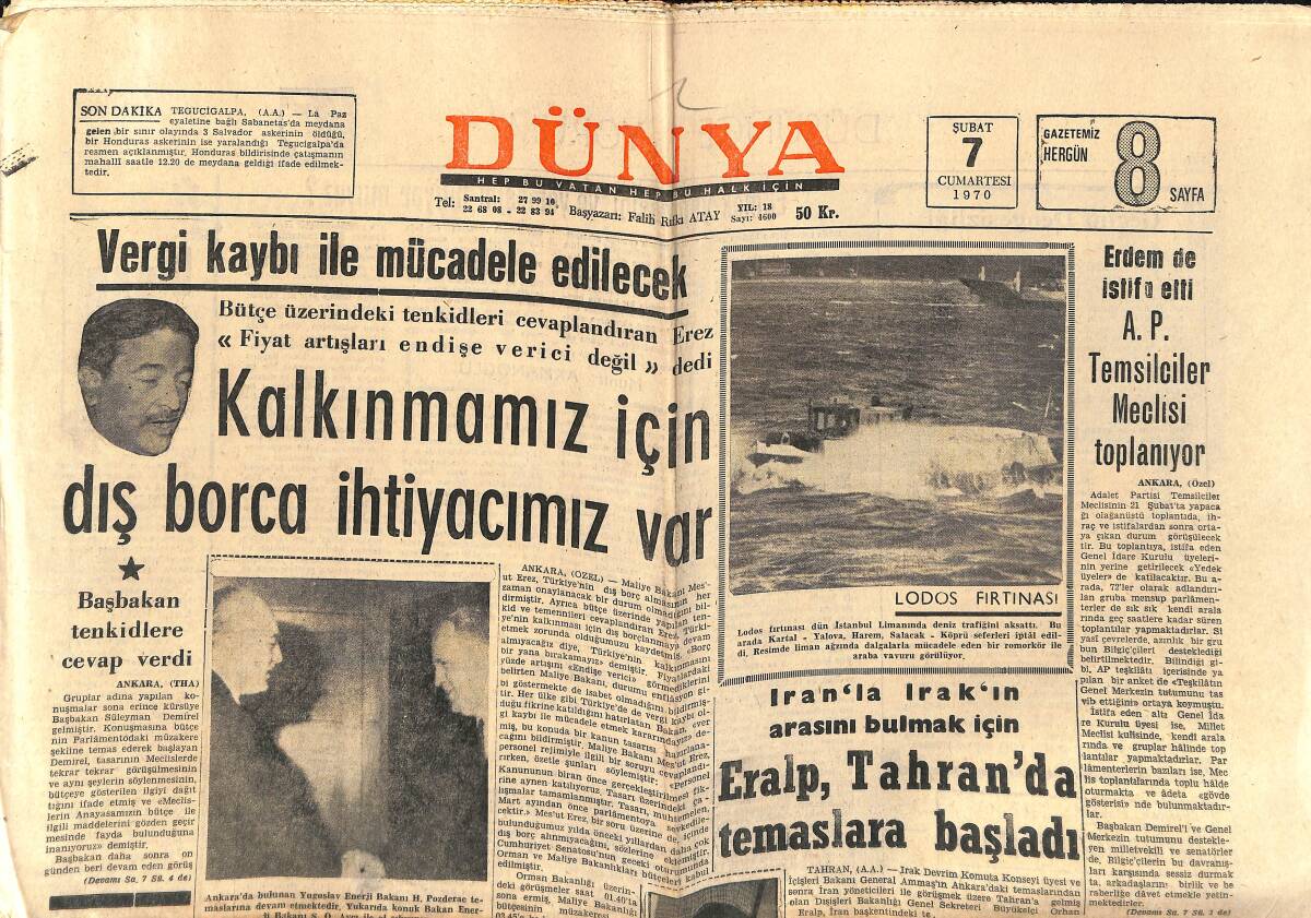 Dünya Gazetesi 7 Şubat 1970 - Galatasaraylı Talat Cezalandırılacak - Yeni Bir Ses: Erol Evgin GZ150926 - 1