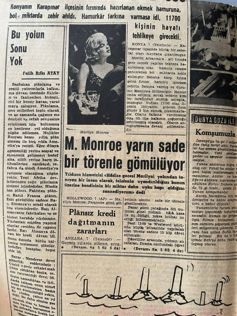 Dünya Gazetesi 8 Ağustos 1962 - Marilyn Monroe Yarın Sade Bir Törenle Gömülüyor - Marilyn'in Hayatı Ve Görüşleri - Kral Hüseyin'e Suikast GZ147929 - 2