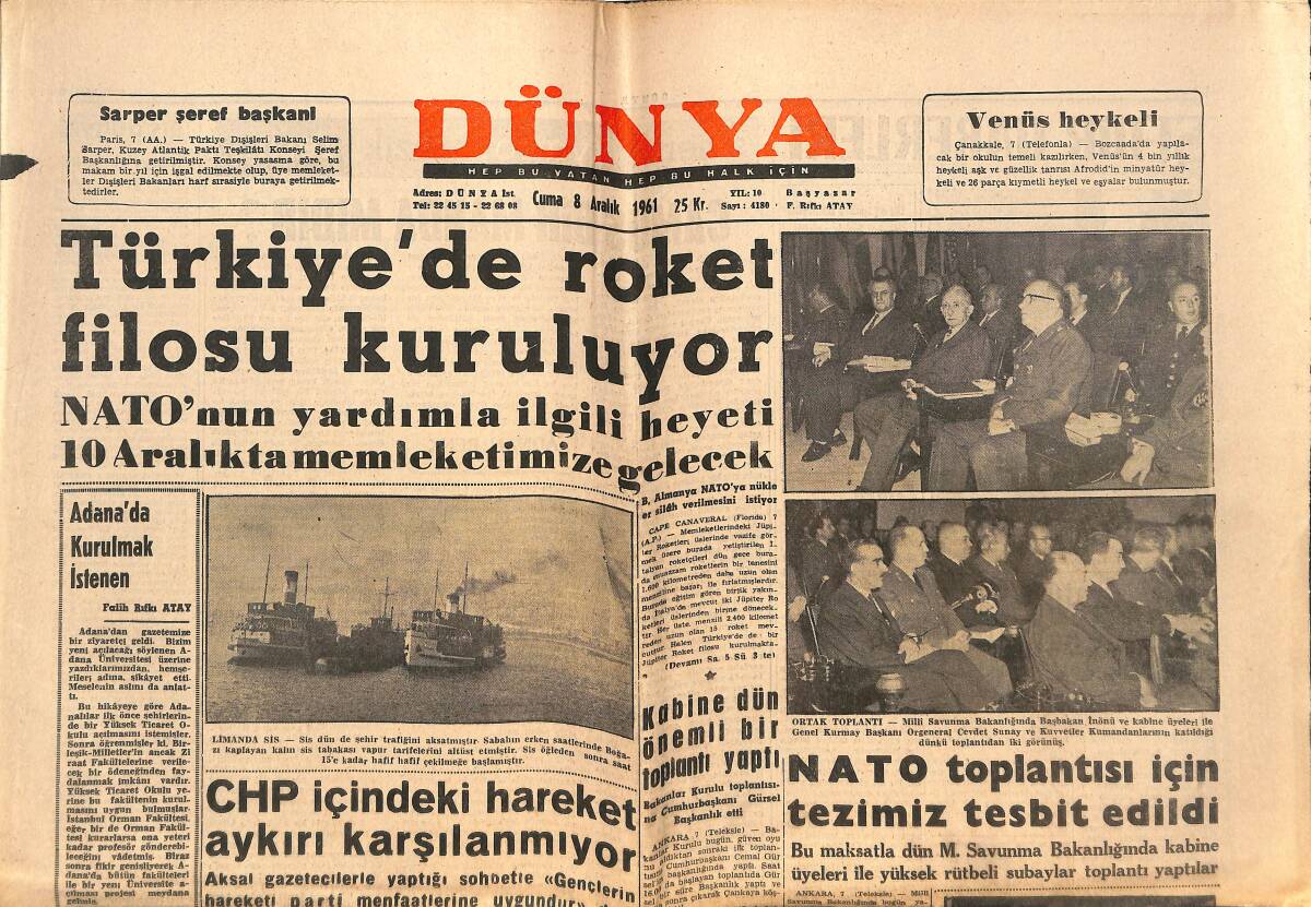 Dünya Gazetesi 8 Aralık 1961 - Türkiye'de Roket Filosu Kuruluyor - İzmir'de Yeni DP Kuruldu GZ152466 - 1