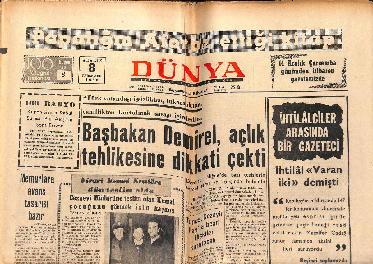 Dünya Gazetesi 8 Aralık 1966 - Galatasaray Sakin Ama İddialı - Yeşilçam'da Çıplaklık Enflasyonu Başladı GZ151042 - 1
