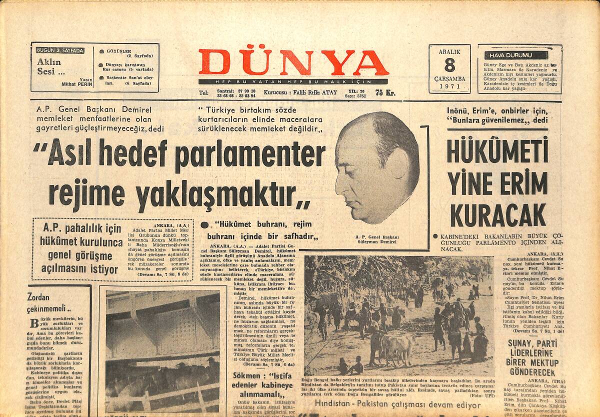 Dünya Gazetesi 8 Aralık 1971 - Hükümeti Yine Erim Kuracak - Soprano Meral Menderes GZ142778 - 1