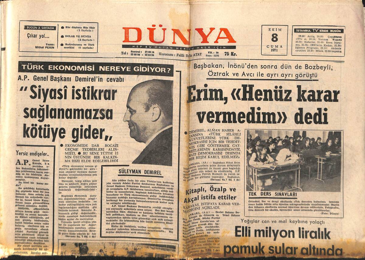 Dünya Gazetesi 8 Ekim 1971 - Cihan Alptekin Nasıl Yakalandığını Anlattı - Mümtaz Soysal Savunmasını Yaptı GZ149466 - 1