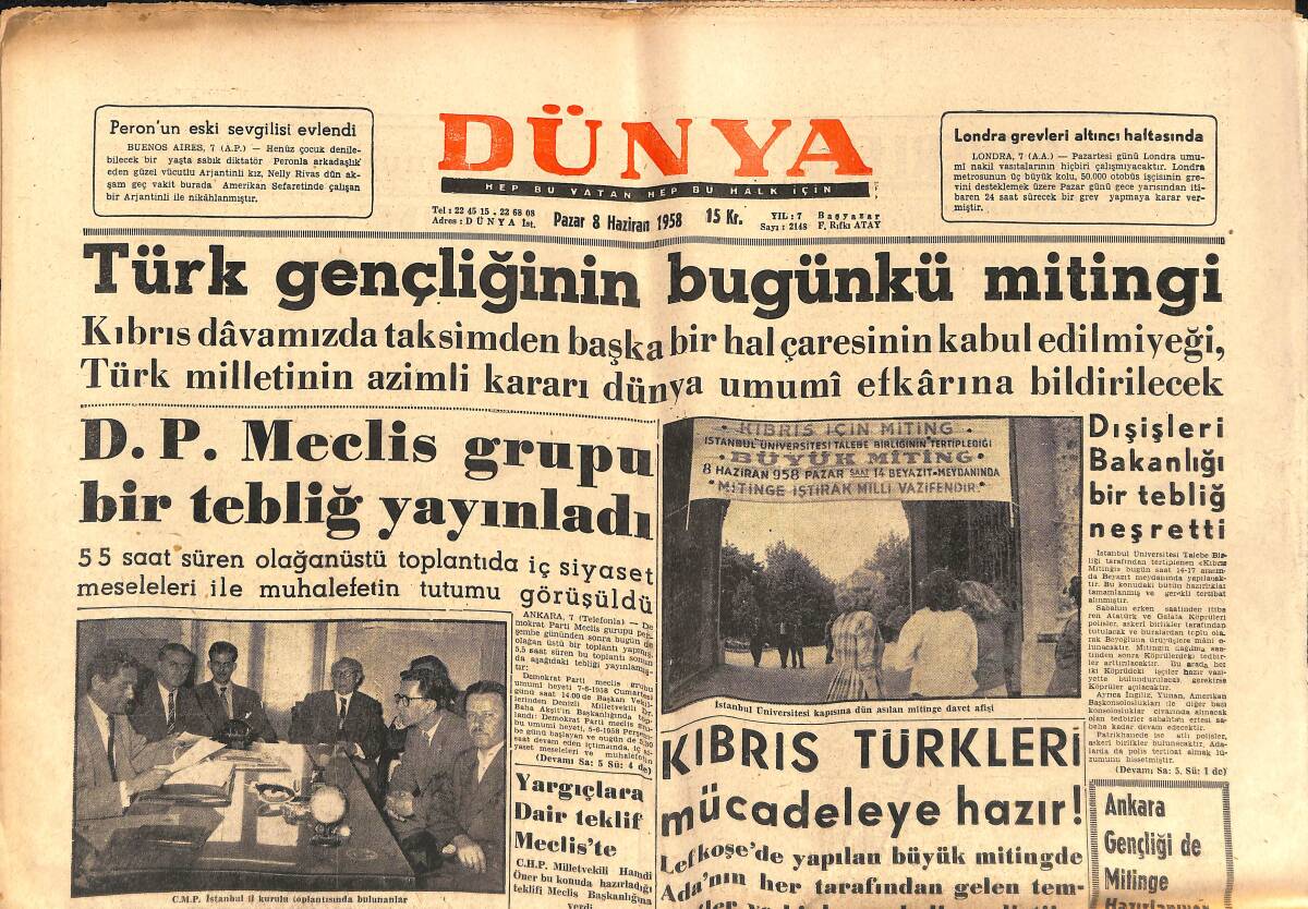 Dünya Gazetesi 8 Haziran 1958 - Nazilli'de Komünist Şebekesi - Galatasaray Fenerbahçe'ye Farklı Yenilmedi: 3-2 GZ150417 - 1