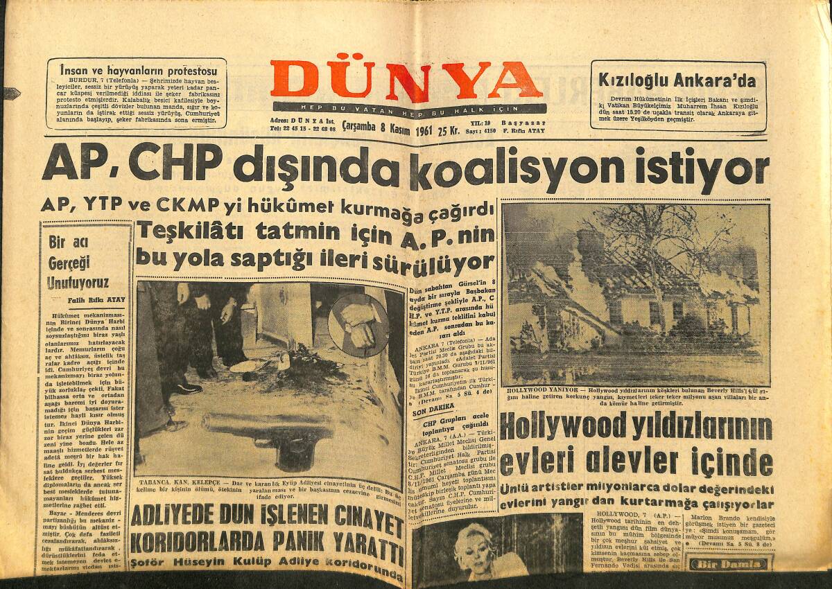 Dünya Gazetesi 8 Kasım 1961 - AP , CHP Dışında Koalisyon İstiyor - Hollywood Yıldızlarının Evleri Alevler İçinde GZ148120 - 1