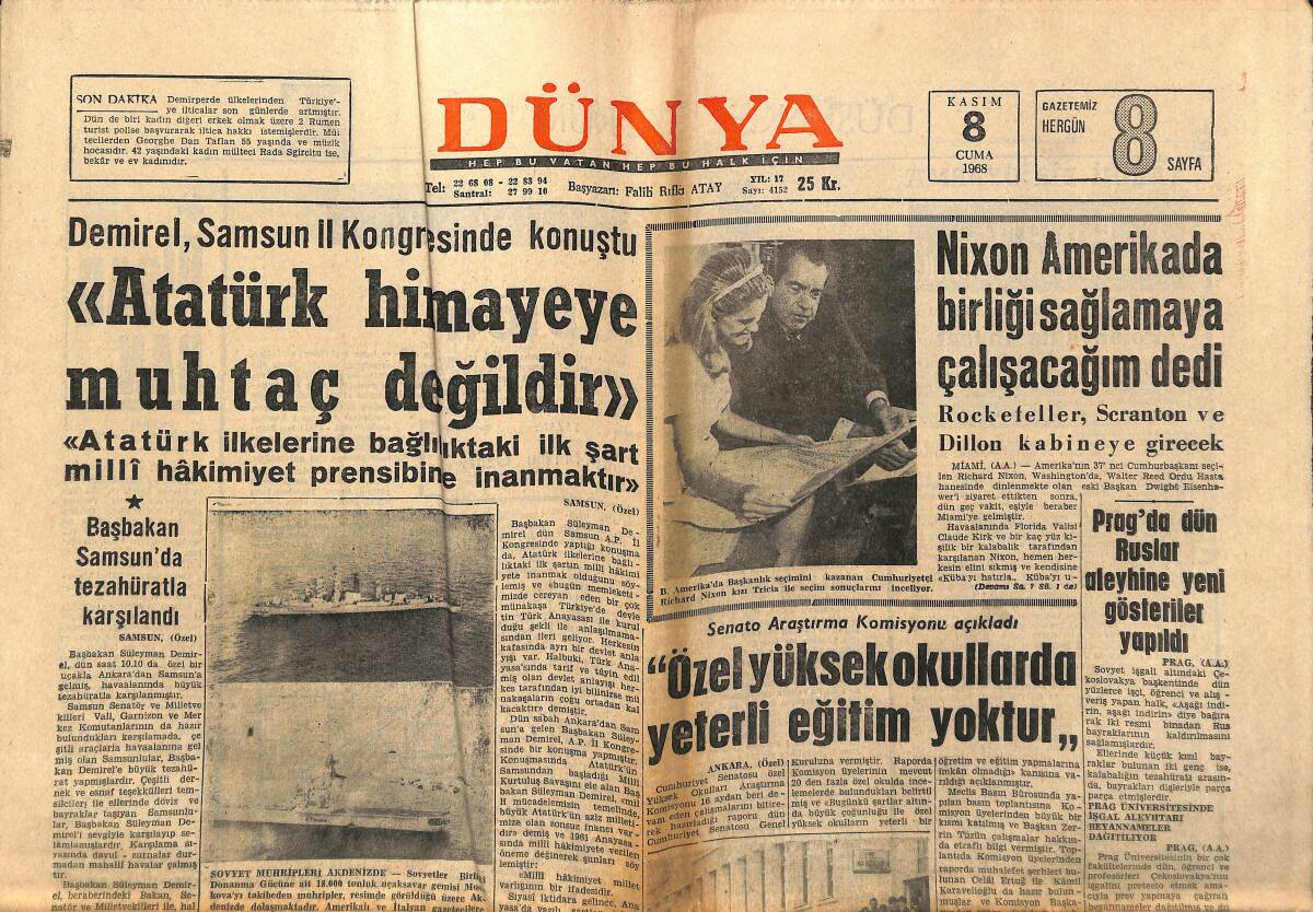 Dünya Gazetesi 8 Kasım 1968 - Nixon Amerika'da Birliği Sağlamaya Çalışacağım Dedi GZ148100 - 1