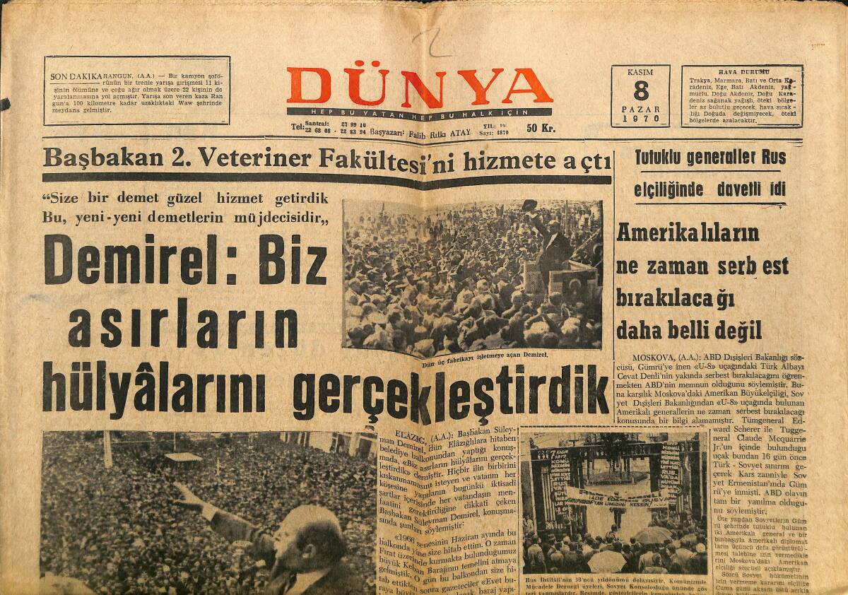 Dünya Gazetesi 8 Kasım 1970 - Türk-Yunan Sağlık Bakanları Hudutta Görüşme Yapacak - Atatürk'ün Selanik'teki Evi Restore Edildi GZ148114 - 1