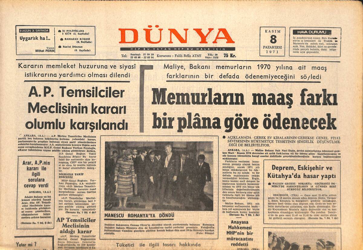 Dünya Gazetesi 8 Kasım 1971 - AP Temsilciler Meclisinin Kararını Olumlu Karşıladı - Ünlü Futbolcu George Best Tekrar Ölümle Tehdit Edildi! GZ143466 - 1