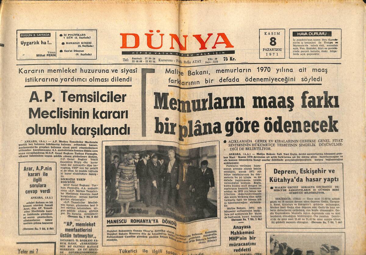 Dünya Gazetesi 8 Kasım 1971 - Mafia Şefi İtalya'dan Atıldı - Prenses Anne Hong Kong'da - Beşiktaş Zirveye Demir Attı GZ151015 - 1