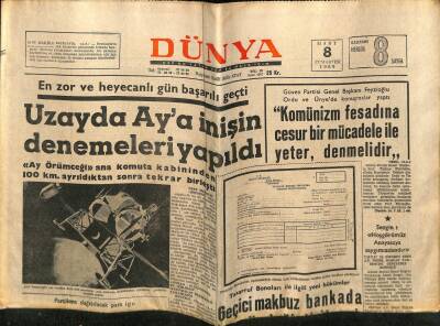 Dünya Gazetesi 8 Mart 1969 - Uzayda Aya İnişin Denemeleri Yapıldı GZ61059 - 2
