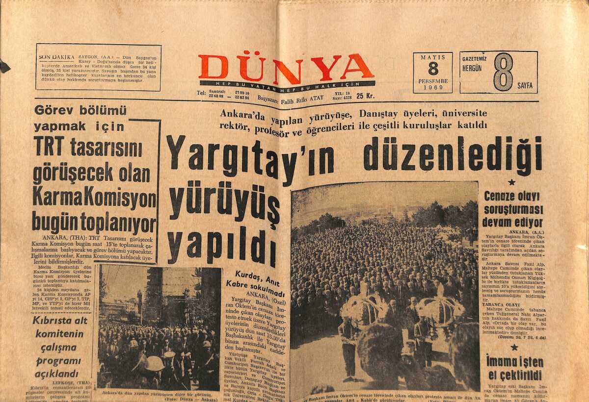Dünya Gazetesi 8 Mayıs 1969 - Cüneyt Arkın İranda Film Çeviriyor - Ablası  Gibi, Nazan Şoray Aşka Boyun Eğdi - Filiz Akın Tedavi İçin Londraya Gitti