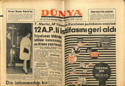 Dünya Gazetesi 8 Nisan 1963 - 12 APli İstifasını Geri Aldı GZ68251 - 2