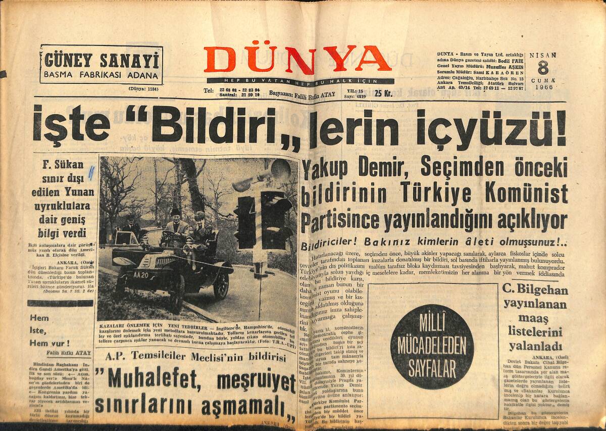 Dünya Gazetesi 8 Nisan 1966 - F.Sükan Sınır Dışı Edilen Yunan Uyruklulara Dair Geniş Bilgi Verdi - Fenerbahçe Kongresinin İptali İsteniyor GZ149525 - 1