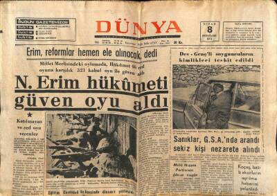 Dünya Gazetesi 8 Nisan 1971 - Nihat Erim Hükümeti Güven Oyu Aldı GZ68134 - 2