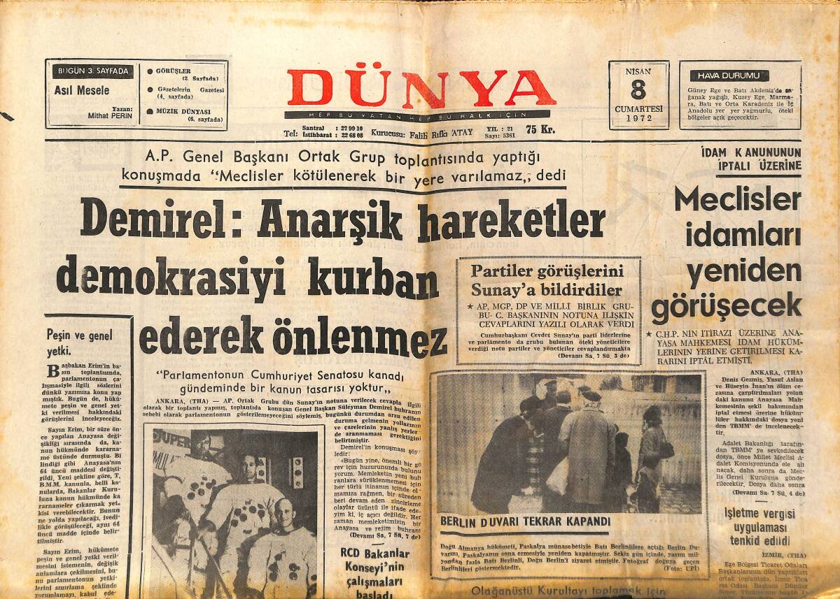 Dünya Gazetesi 8 Nisan 1972 - Zizi İçin Yılda 400 Kilo Havuç - Kinks'in Yeni Plağı - Geraldine Chaplin Londra'da GZ147922 - 1