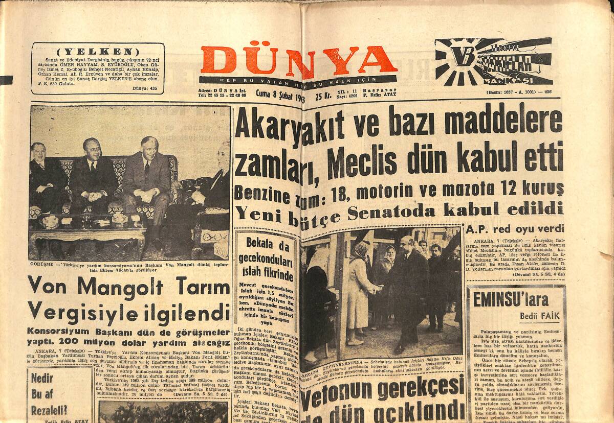Dünya Gazetesi 8 Şubat 1963 - Galatasaray Kıbrıs'a Gidecek - Marilyn Monreo'nun Yerini Macar Güzeli Alıyor GZ152519 - 1