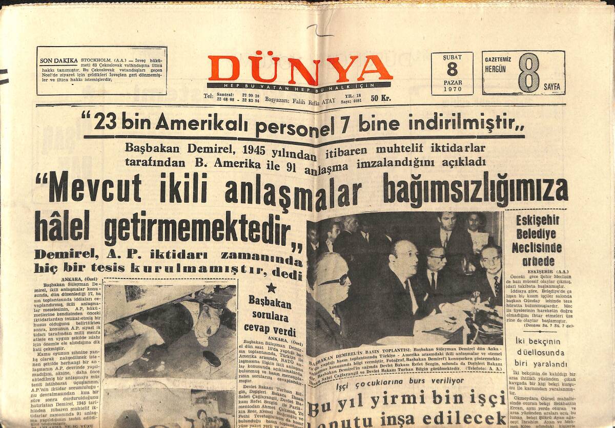 Dünya Gazetesi 8 Şubat 1970 - Fenerbahçe Bugün Mersin'le Oynuyor - Eskişehir Belediye Meclisinde Arbede GZ150927 - 1