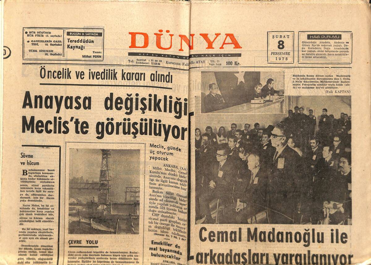 Dünya Gazetesi 8 Şubat 1973 - Cemal Madanoğlu İle Arkadaşları Yargılanıyor - Sadri Alışık Öğretmen Oldu GZ148303 - 1