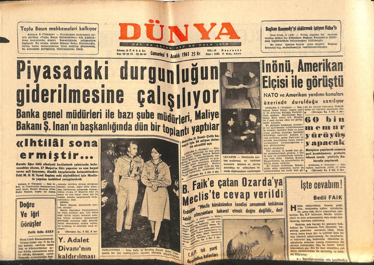 Dünya Gazetesi 9 Aralık 1961 - Ankara'da Kuraklık Tehlikesi Belirdi - İnönü , Amerikan Elçisi İle Görüştü GZ152467 - 1