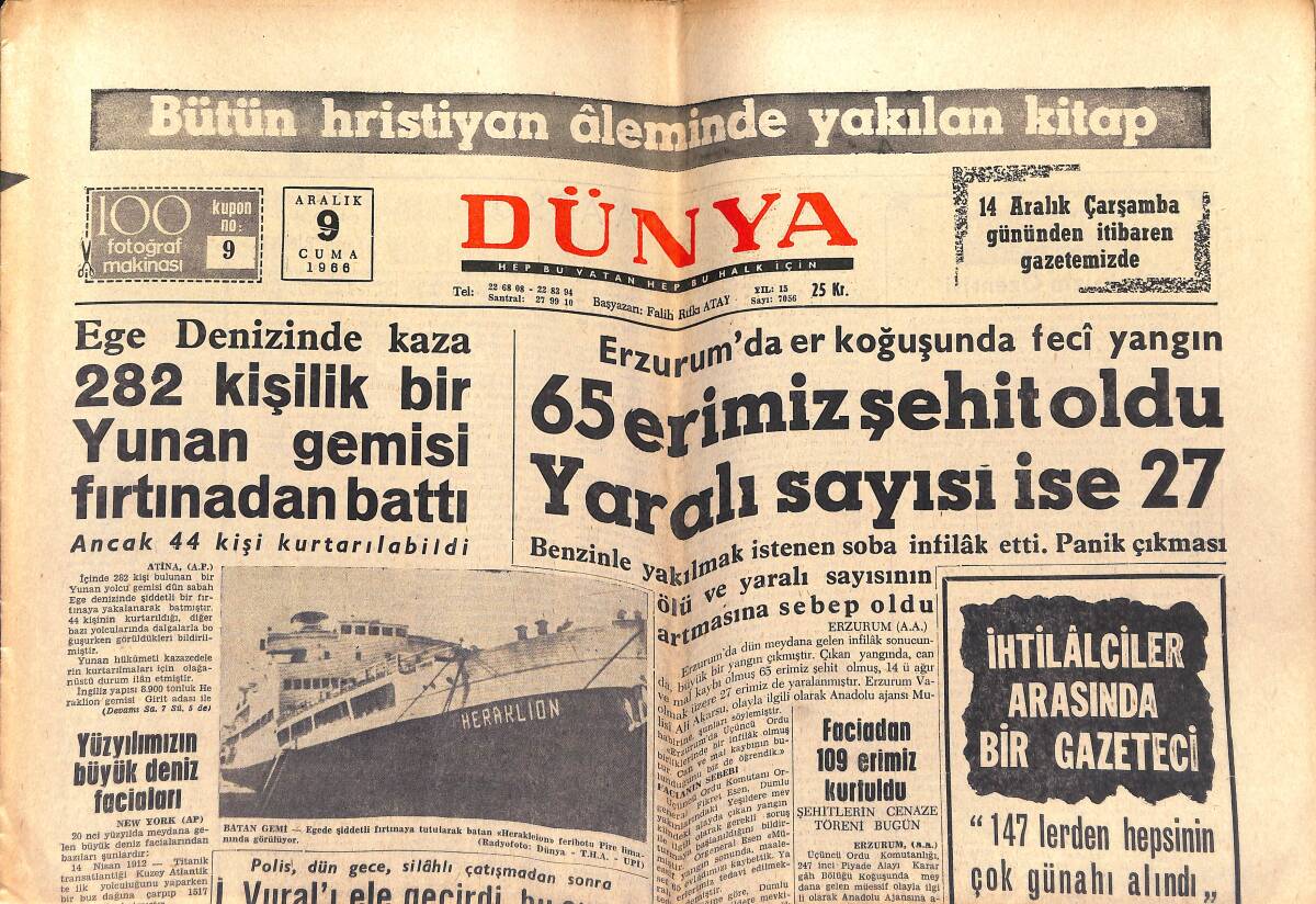 Dünya Gazetesi 9 Aralık 1966 - Galatasaray'da Turgay Ve Metin Yok - Sophia Loren'in Babası Kızını Dava Etti - Zeki Müren'in İmzalı Resmi GZ151044 - 1