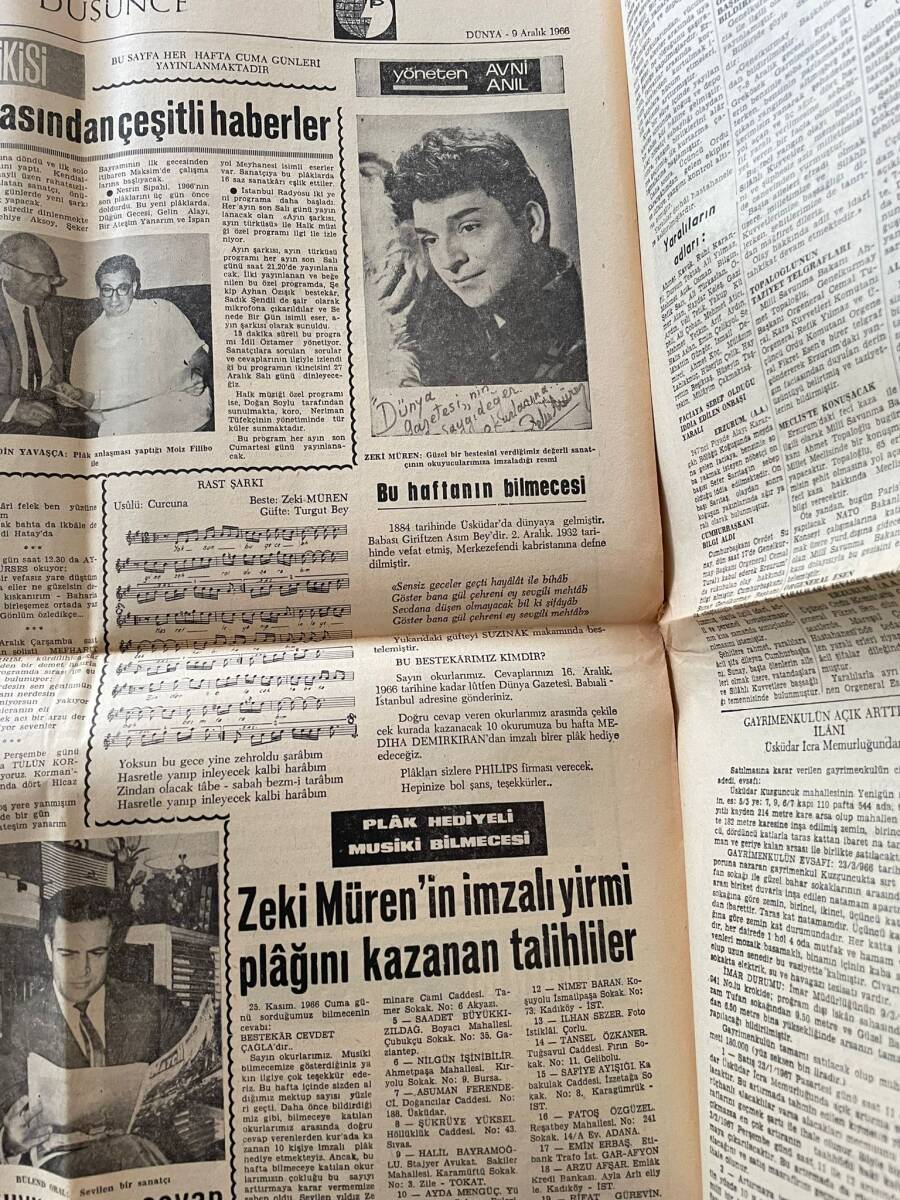 Dünya Gazetesi 9 Aralık 1966 - Galatasaray'da Turgay Ve Metin Yok - Sophia Loren'in Babası Kızını Dava Etti - Zeki Müren'in İmzalı Resmi GZ151044 - 2