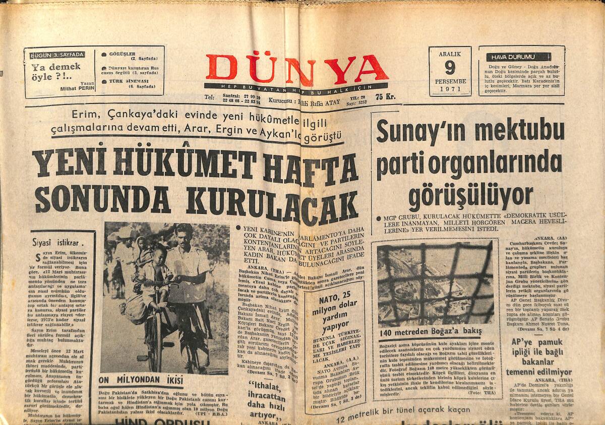 Dünya Gazetesi 9 Aralık 1971 - Cüneyt Arkın C. Kamacı Oldu, Milli Boksörün Hayatı Filme Alınıyor - Aynur Akarsu, Okan Demir'le Nişanlandı GZ150945 - 1