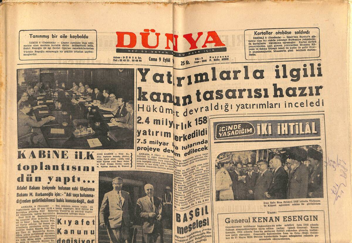 Dünya Gazetesi 9 Eylül 1960 - CHP'nin Kuruluş Yıldönümü - Emlak Kredi Bankasında Soruşturma GZ152192 - 1