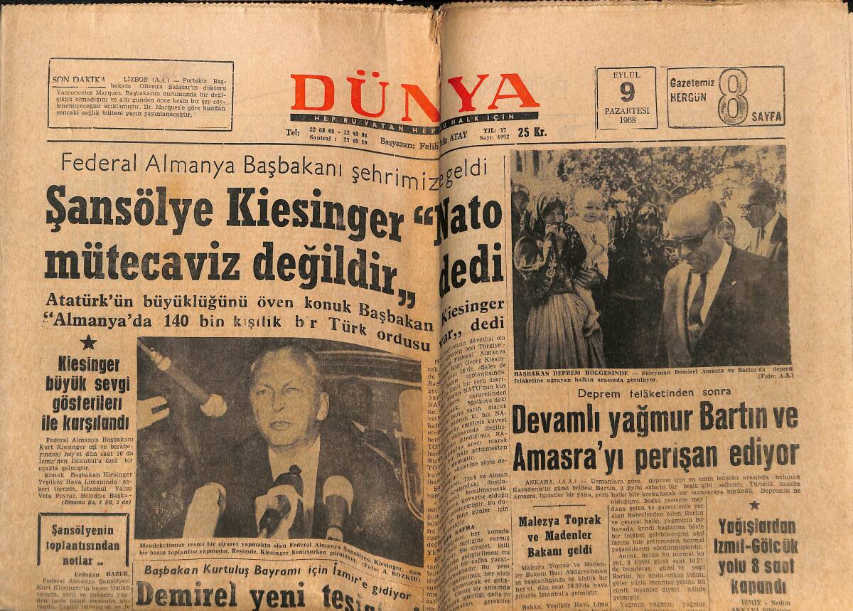 Dünya Gazetesi 9 Eylül 1968 - Kıskanç Bir Adam Richard Burton - Demirel Yeni Tesisleri İşletmeye Açacak GZ148954 - 1