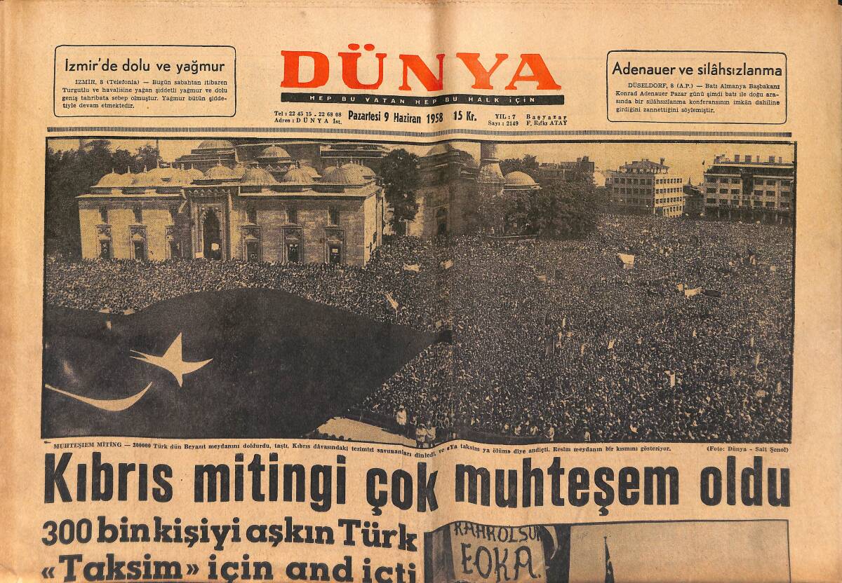 Dünya Gazetesi 9 Haziran 1958 - Kıbrıs Mitingi Çok Muhteşem Oldu - Marilyn Monroe Amerika'yı Çuvala Koydu GZ150418 - 1