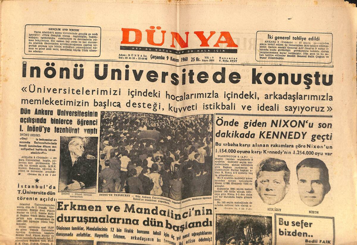 Dünya Gazetesi 9 Kasım 1960 - İnönü Üniversitede Konuştu - Önde Giden Nixon'u Son Anda Kennedy Geçti GZ150892 - 1