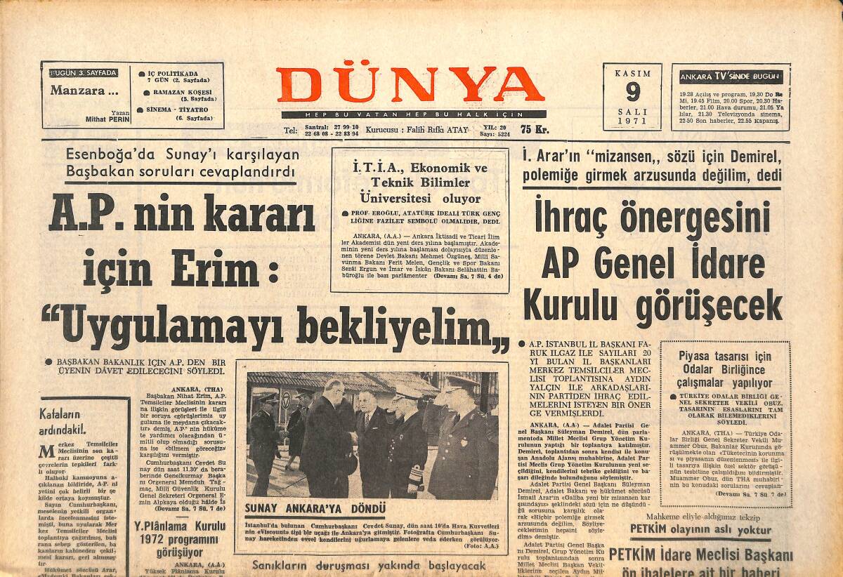 Dünya Gazetesi 9 Kasım 1971 - Madanoğlu Dosyası Sıkıyönetime Girdi! - Galatasaray Kendi Kılıcıyla İntihar Etti! GZ143467 - 1