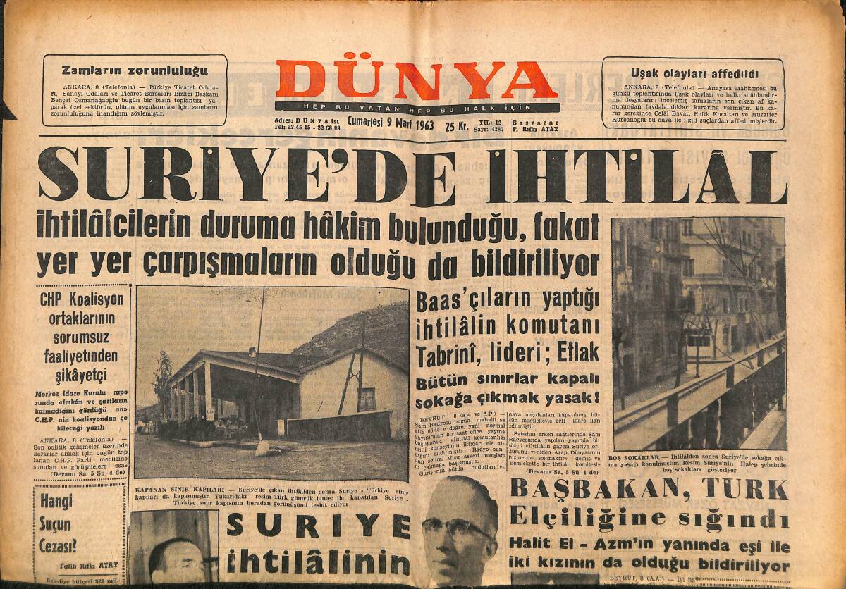 Dünya Gazetesi 9 Mart 1963 - Suriye İhtilalinin Amaçları - Edie Adams Kocasının Borçlarını Ödemek İçin İşten İşe Koştu GZ149338 - 1